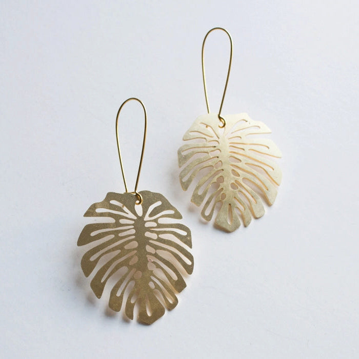 Monstera Deliciosa Leaf Mid Century Modern Palm Springs Earrings - Gold - Mid Century Modern Gal