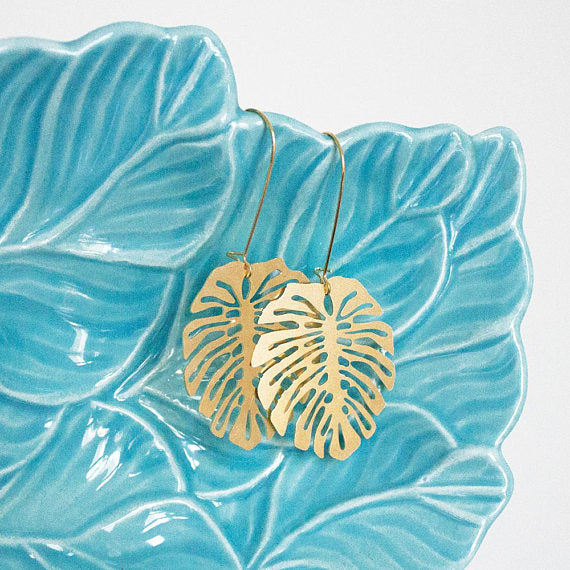 Monstera Deliciosa Leaf Mid Century Modern Palm Springs Earrings - Gold - Mid Century Modern Gal