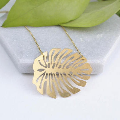 Monstera Deliciosa Leaf Mid Century Modern Palm Springs Necklace - Gold - Mid Century Modern Gal