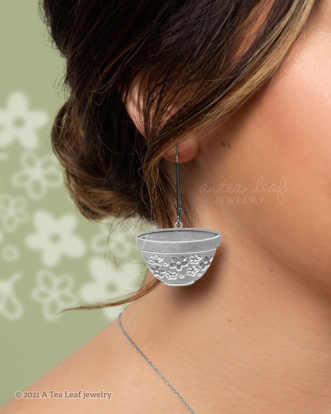 Retro Pyrex Bowl Earrings | Spring Blossom Green Pattern - Silver - Mid Century Modern Gal