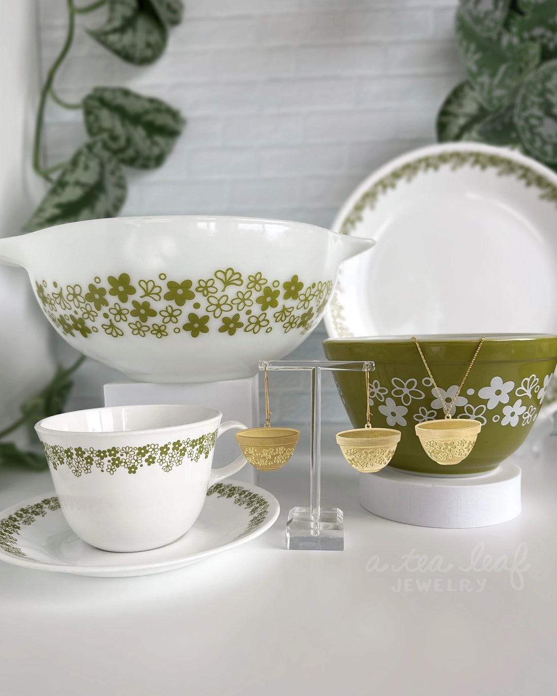 Retro Pyrex Bowl Earrings | Spring Blossom Green Pattern - Gold - Mid Century Modern Gal