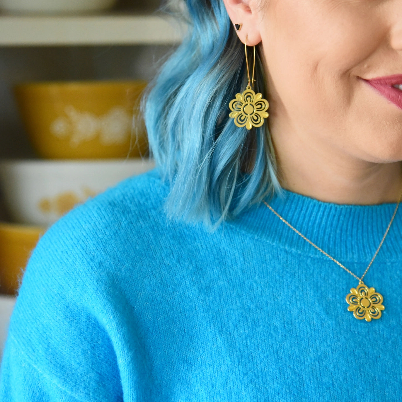 Retro Pyrex Flower Earrings | Butterfly Gold Pattern - Gold - Mid Century Modern Gal