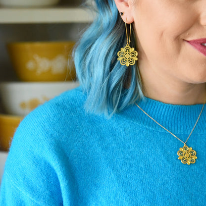 Retro Pyrex Flower Earrings | Butterfly Gold Pattern - Gold - Mid Century Modern Gal