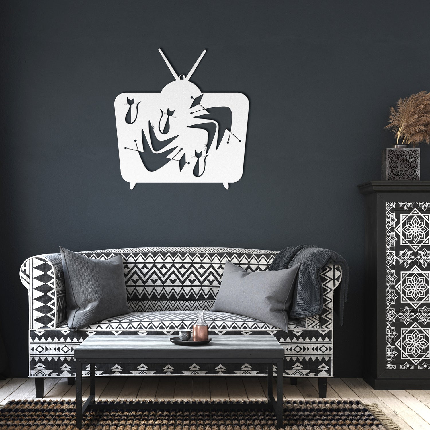Retro TV Atomic Cat, Mid Century Modern Wall Art, Kitsch Livingroom, Den, Quirky MCM Metal Works