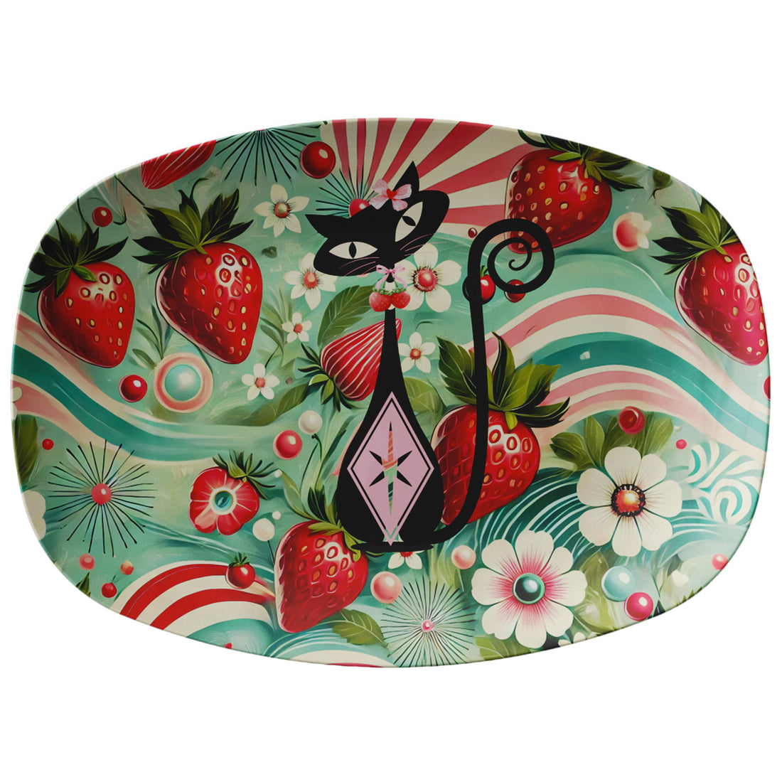 Strawberry Fields Atomic Cat, Mid Century Modern Kitschy Mod Platter - Mid Century Modern Gal