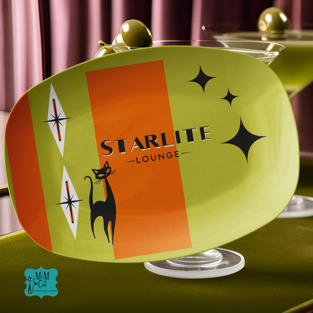 Mid Century Modern Barware Platter, Starlite Lounge Atomic Kitty Retro Platter - Mid Century Modern Gal