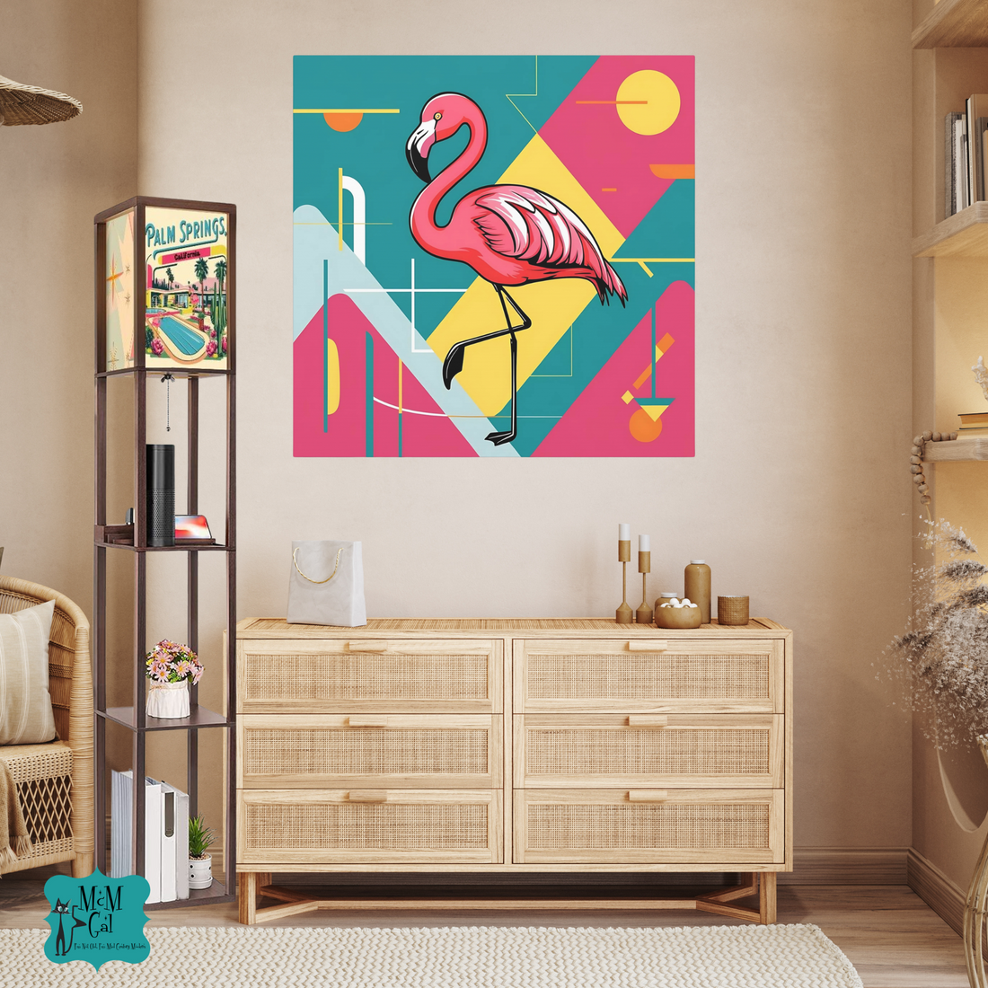 Mid Century Modern Flamingo Art, Kitschy Mod Vibrant Pink Bauhaus Palm Springs Style Wall Art - Mid Century Modern Gal