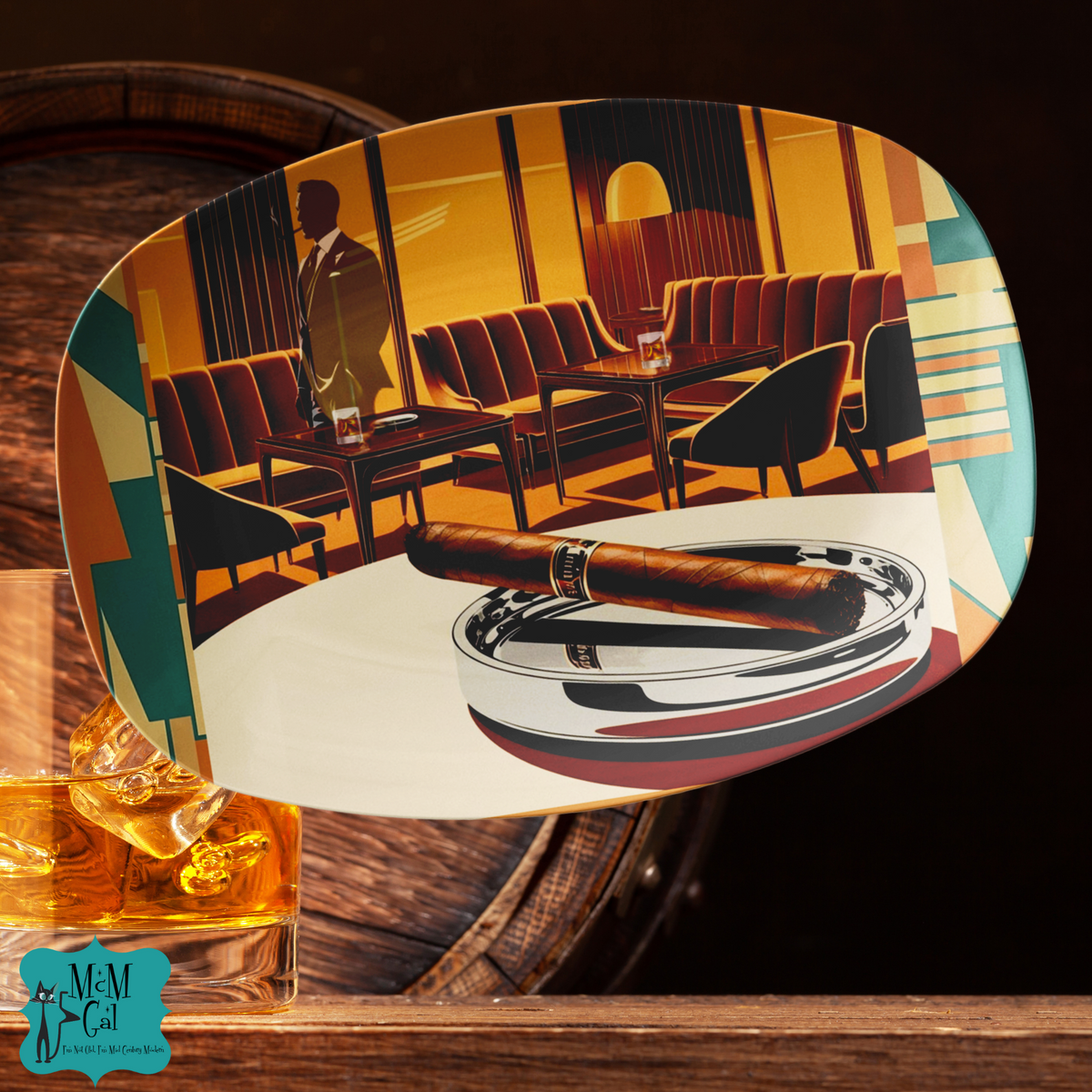 Mid Century Modern Dapper Dude Bourbon Cigar Lover, Bauhaus Designed Mod Platter - Mid Century Modern Gal