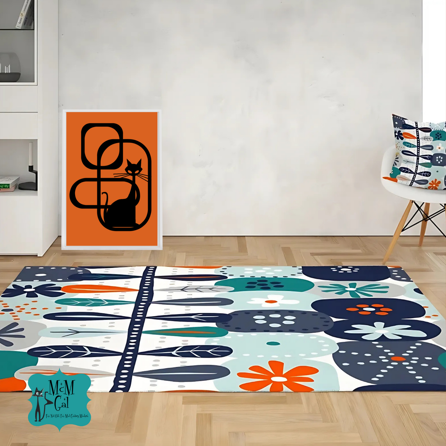 Mid Century Modern Retro Scandinavian, Orange, Blue, White, Floral Retro Area Rugs - Mid Century Modern Gal