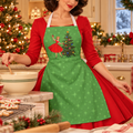 Mid Century Modern Gal Decorating Christmas Tree, Green Atomic Starbursts Apron