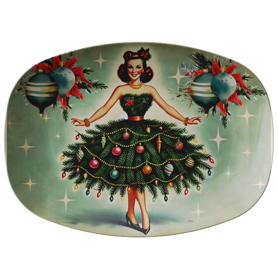 Vintage Holiday Kitsch 50s Mod Gal, Mid Century Modern Christmas Platter - Mid Century Modern Gal