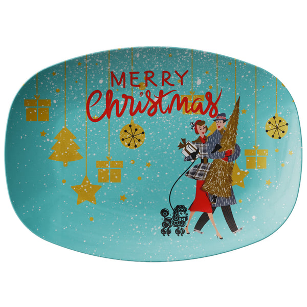 Vintage Retro Kitschy 50s Card Art Christmas Party Platter Mid Century Tableware