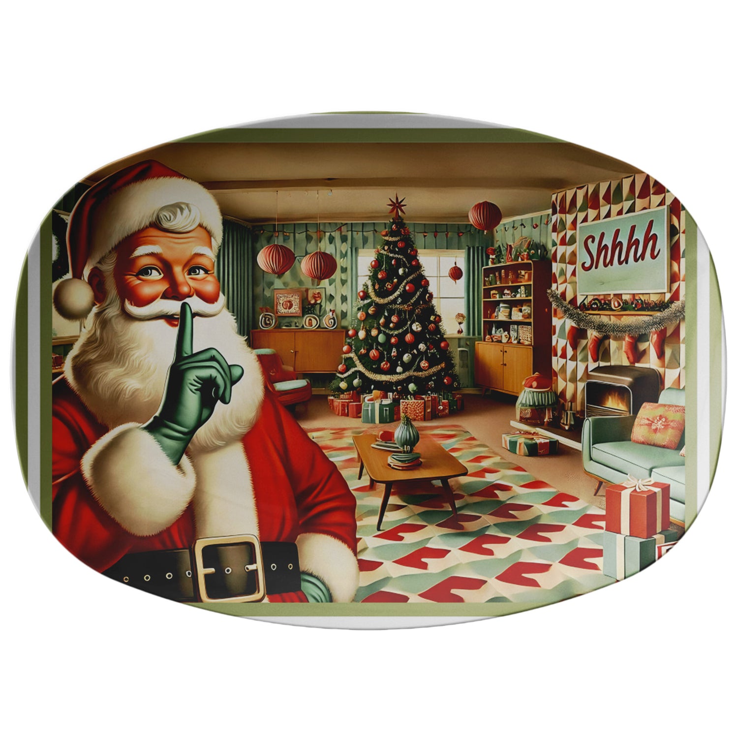 Vintage Santa Christmas Platter, Mid Century Modern Greeting Card Holiday Platter - Mid Century Modern Gal