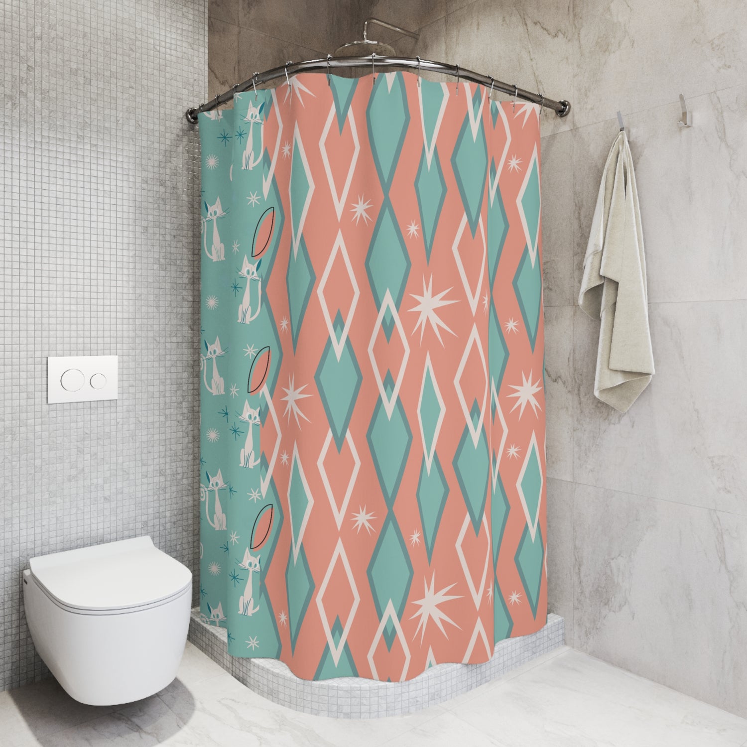 Atomic Cat, White Kitties, Aqua, Coral Pink, Harlequin Diamond, Patchwork, Mid Century Modern Shower Curtain