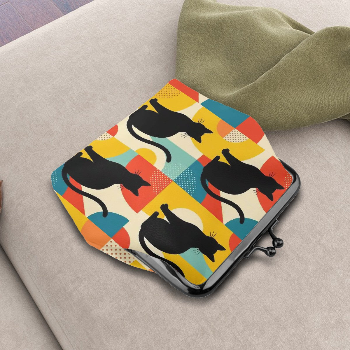Pop Art Black Atomic Cats, Red Blue Yellow, Coin Purse - Mid Century Modern Gal