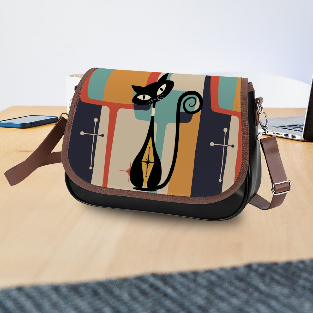 Atomic Cat Shoulder Bag, Mid Century Mod Geometric Shoulder Crossbody Bag - Mid Century Modern Gal