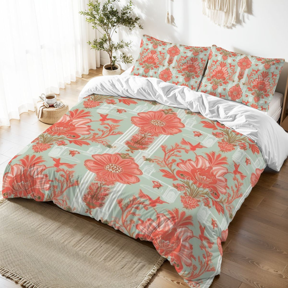 Floral Chinoiserie Elegant Modern Coral, Light Green Queen Duvet Cover Set - Mid Century Modern Gal