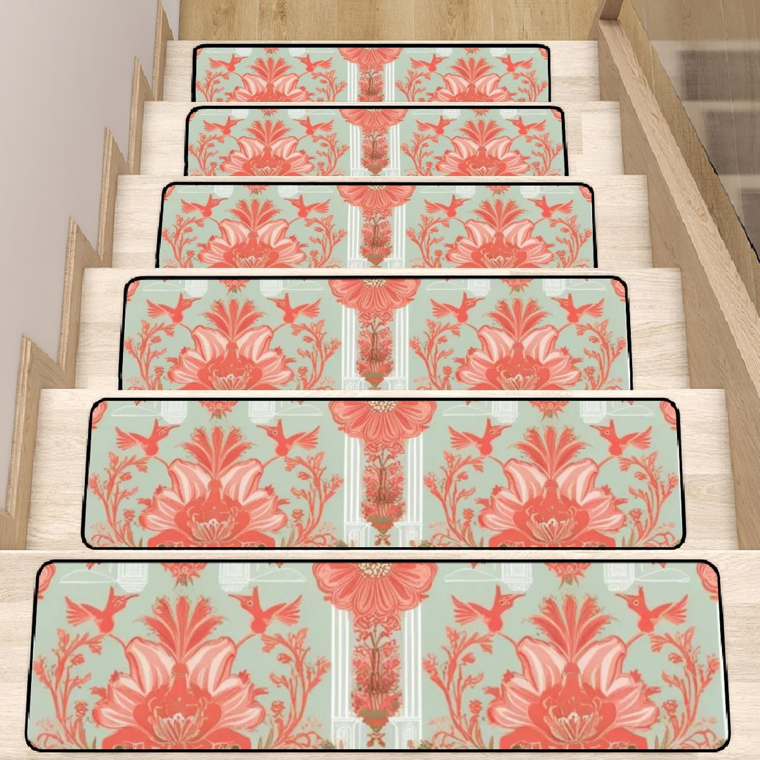 Chinoiserie Elegant Floral, Coral, Green Non Slip Carpet for Stairs Treads - Mid Century Modern Gal