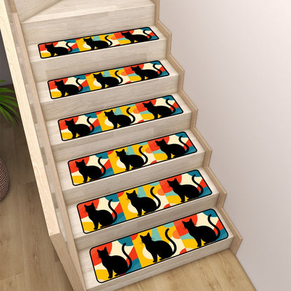 Pop Art Black Atomic Cats, Red Blue Yellow, Non Slip Carpet for Stairs Treads - Mid Century Modern Gal