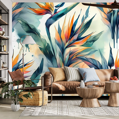 Birds Of Paradise Tropical Polynesian Watercolor Wall Murals - Mid Century Modern Gal