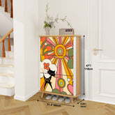 Retro Groovy 70s Sunshine Mid Mod Shoe Cabinet Adorned WIth Hippie Vibes And Atomic Cat - Mid Century Modern Gal