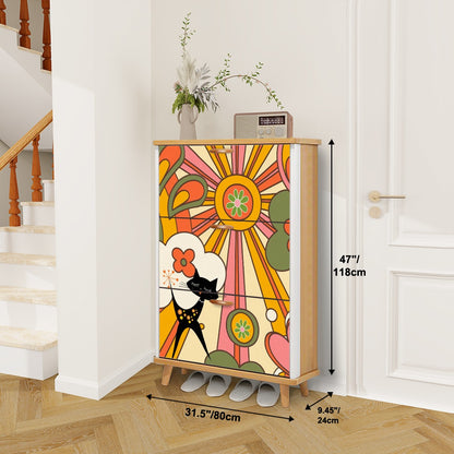 Retro Groovy 70s Sunshine Mid Mod Shoe Cabinet Adorned WIth Hippie Vibes And Atomic Cat - Mid Century Modern Gal