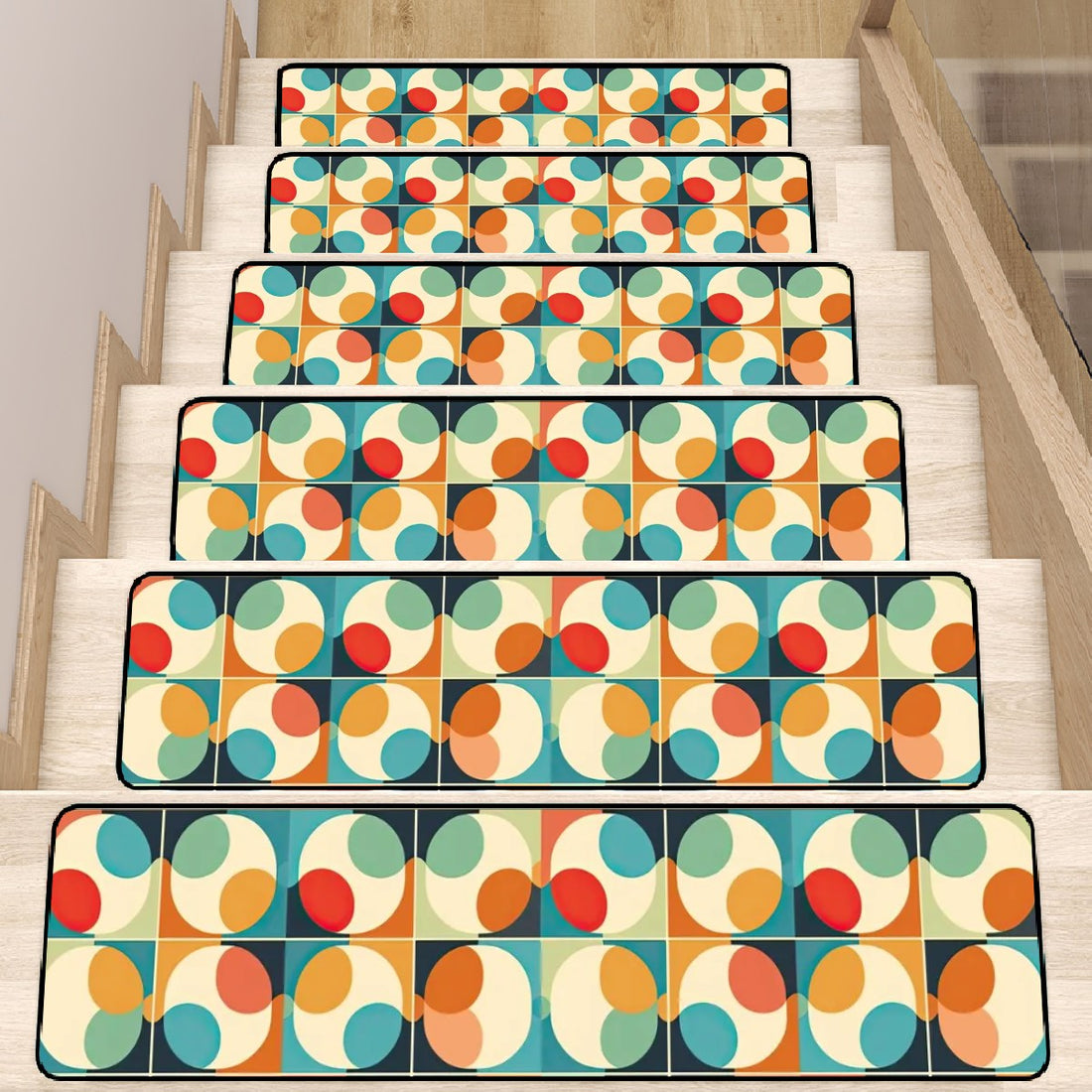 Mid Century Modern Carpet Stair Treads Colorful Retro Orbs