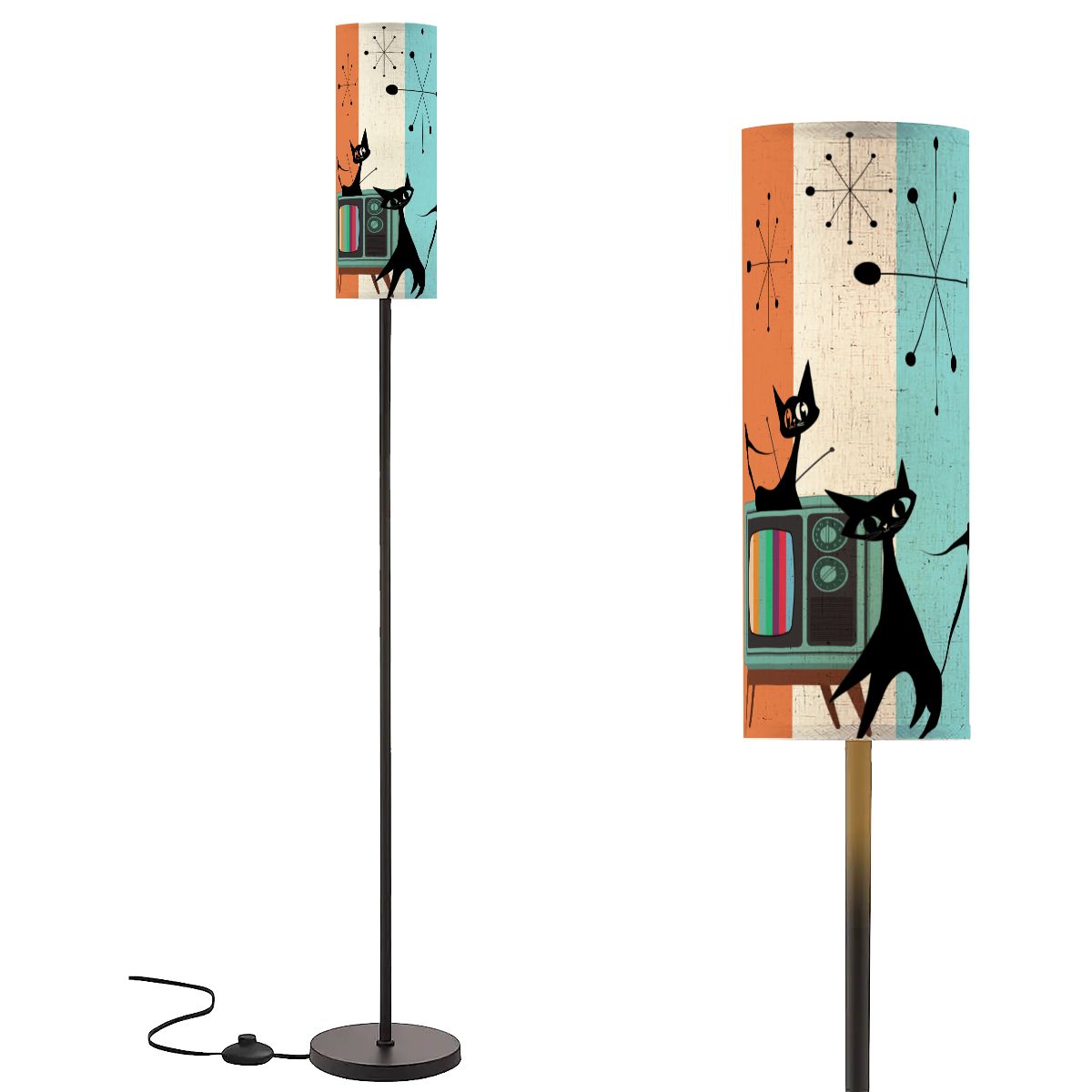 Atomic Kitschy Cats, Mid Century Modern Aqua Orange, Cream Starburst Retro Slim Floor Lamp Modern Standing Lamp - Mid Century Modern Gal