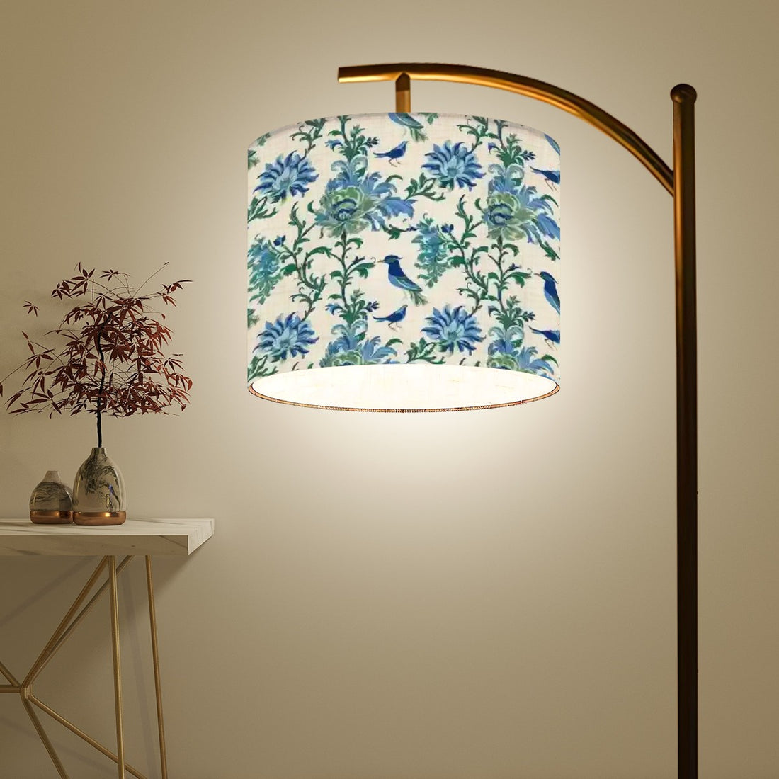 Chinoiserie Botanical Garden Birds, Blue, Green Asian Inspired Modern Arc Floor Lamp - Mid Century Modern Gal