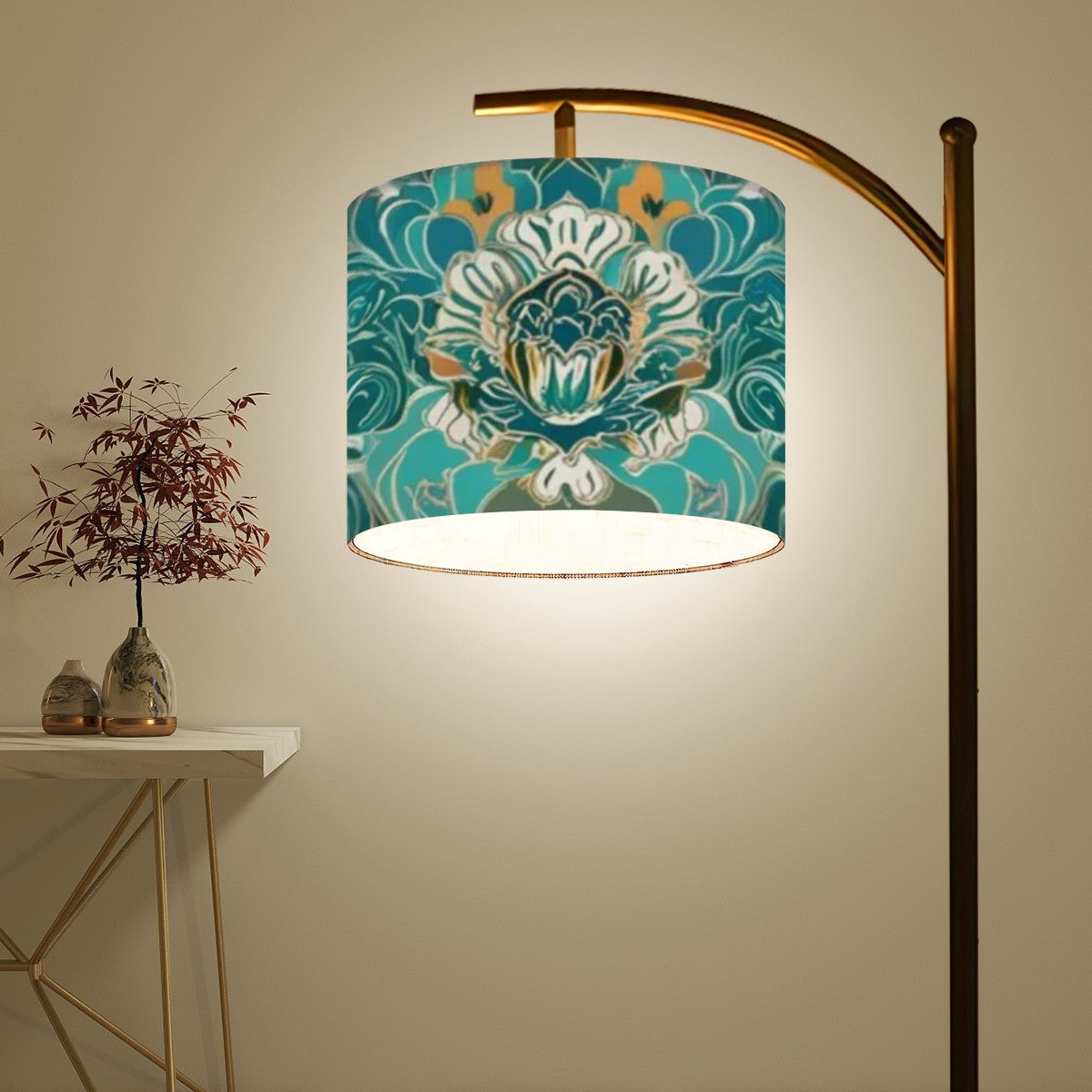 Chinoiserie Floor Lamp, Teal Gold Elegant Floral Arc Modern Floor Lamp - Mid Century Modern Gal