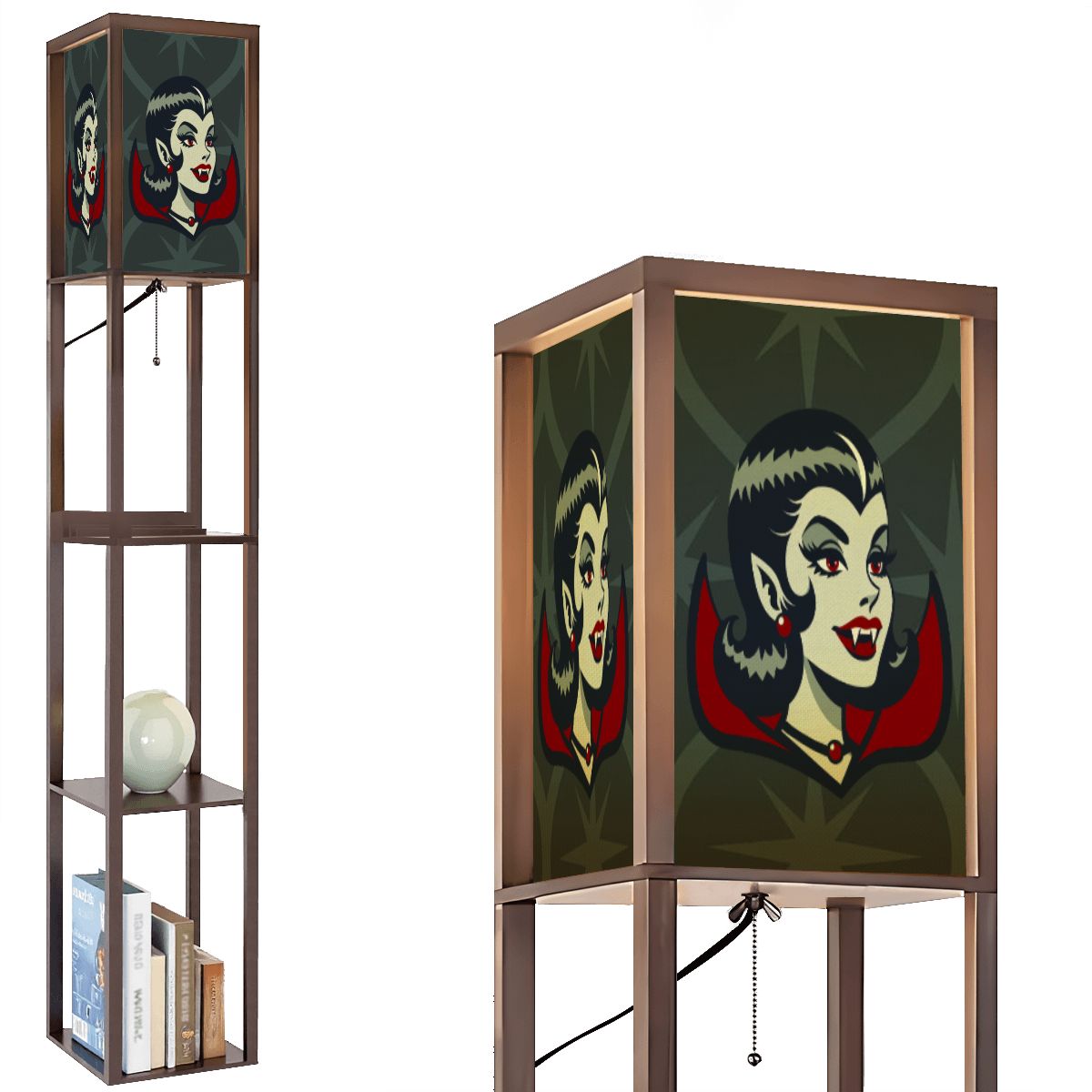 Vampire Dracula Girl Halloween Goth Horror Buff MCM Green Floor Lamp with Shelves - Mid Century Modern Gal