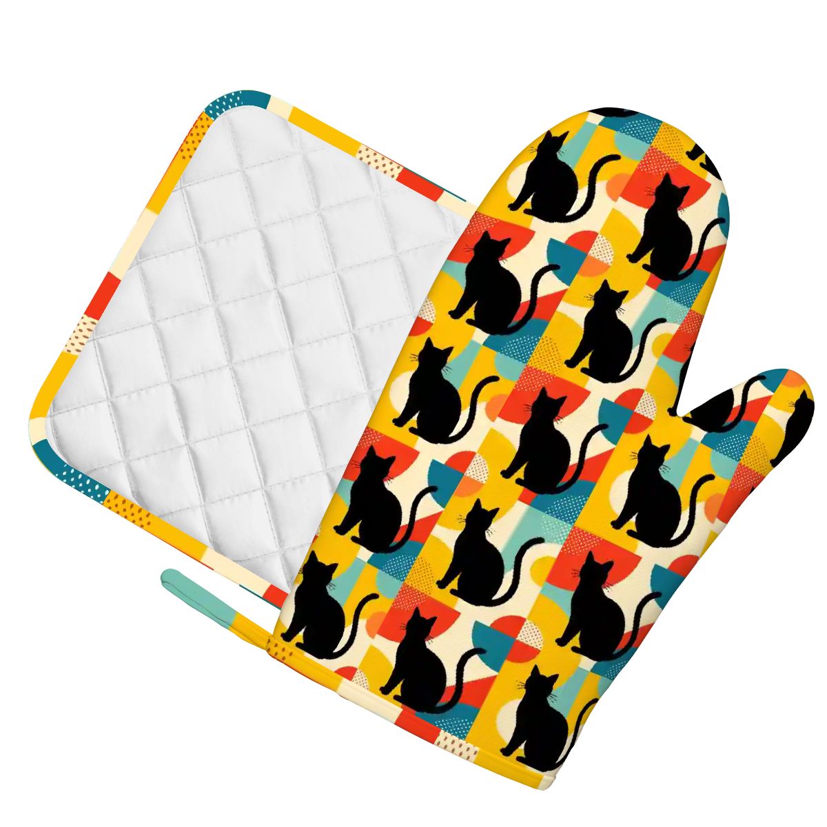Pop Art Black Atomic Cats, Red Blue Yellow, Silicone Oven Mitts and Pot Holders Set (Left Hand) - Mid Century Modern Gal