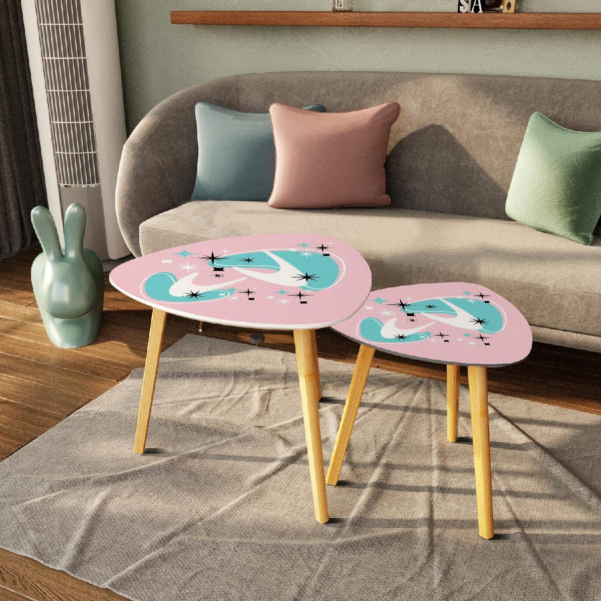 Atomic 50s Pink, Aqua Boomerang Mid Century Modern Nesting Tables Set of 2 (Made in USA) - Mid Century Modern Gal