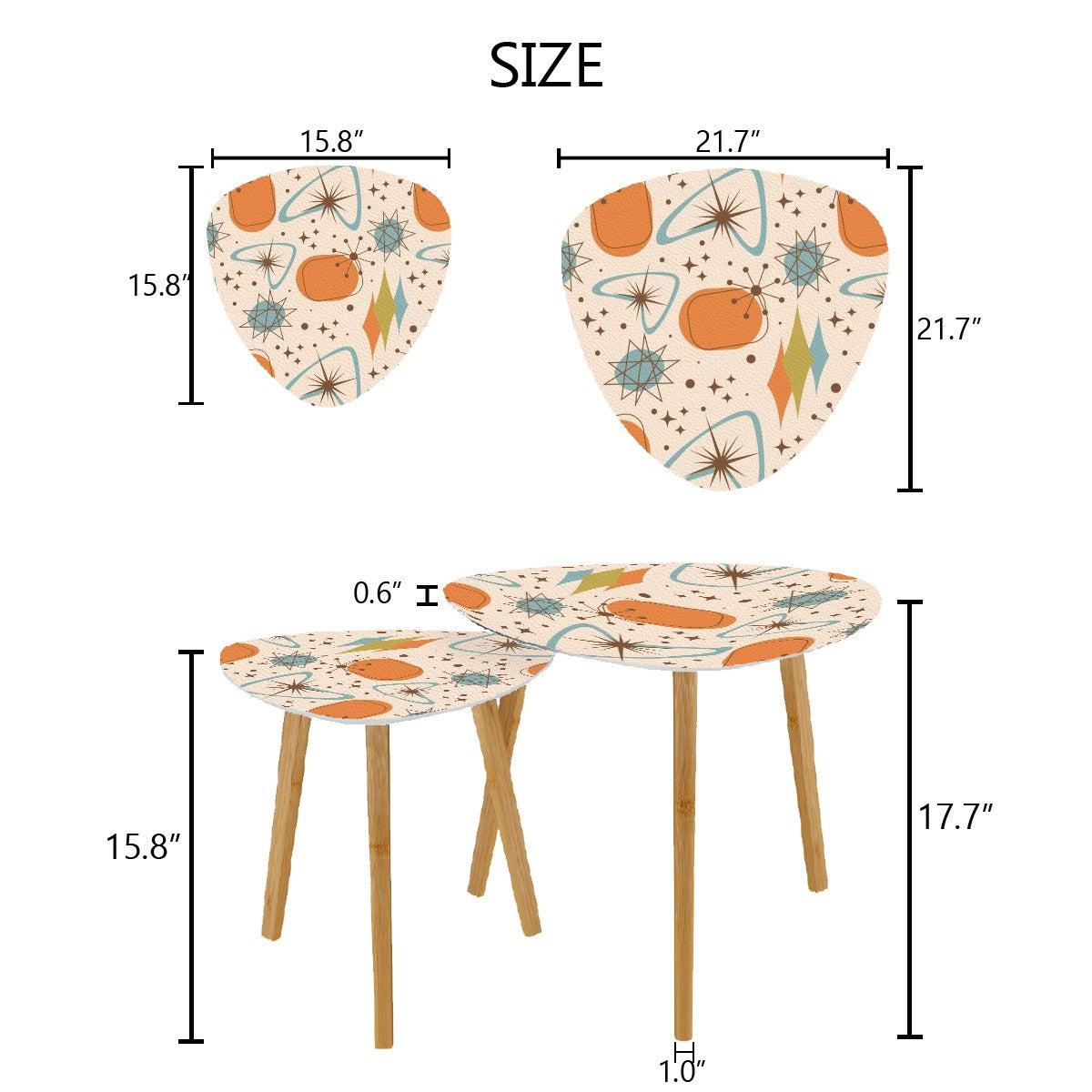Mid Century Modern Nesting Tables, Atomic Boomerang, Starbursts Orange Blue Designed