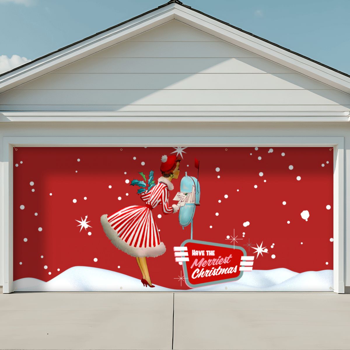 Mid Century Modern 50s Gal, Kitschy Holiday Red Christmas Garage Door Banner Backdrop - Mid Century Modern Gal