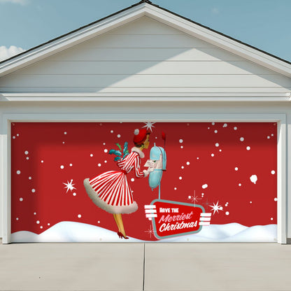 Mid Century Modern 50s Gal, Kitschy Holiday Red Christmas Garage Door Banner Backdrop - Mid Century Modern Gal