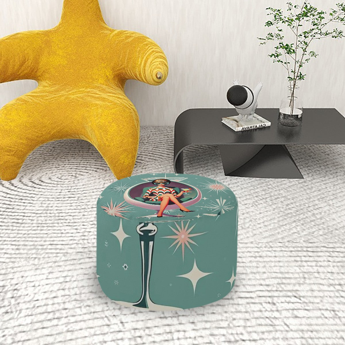 Atomic 50s Teal Green, Starburst Kitsch Mod 60s Gal Round Pouf Ottoman