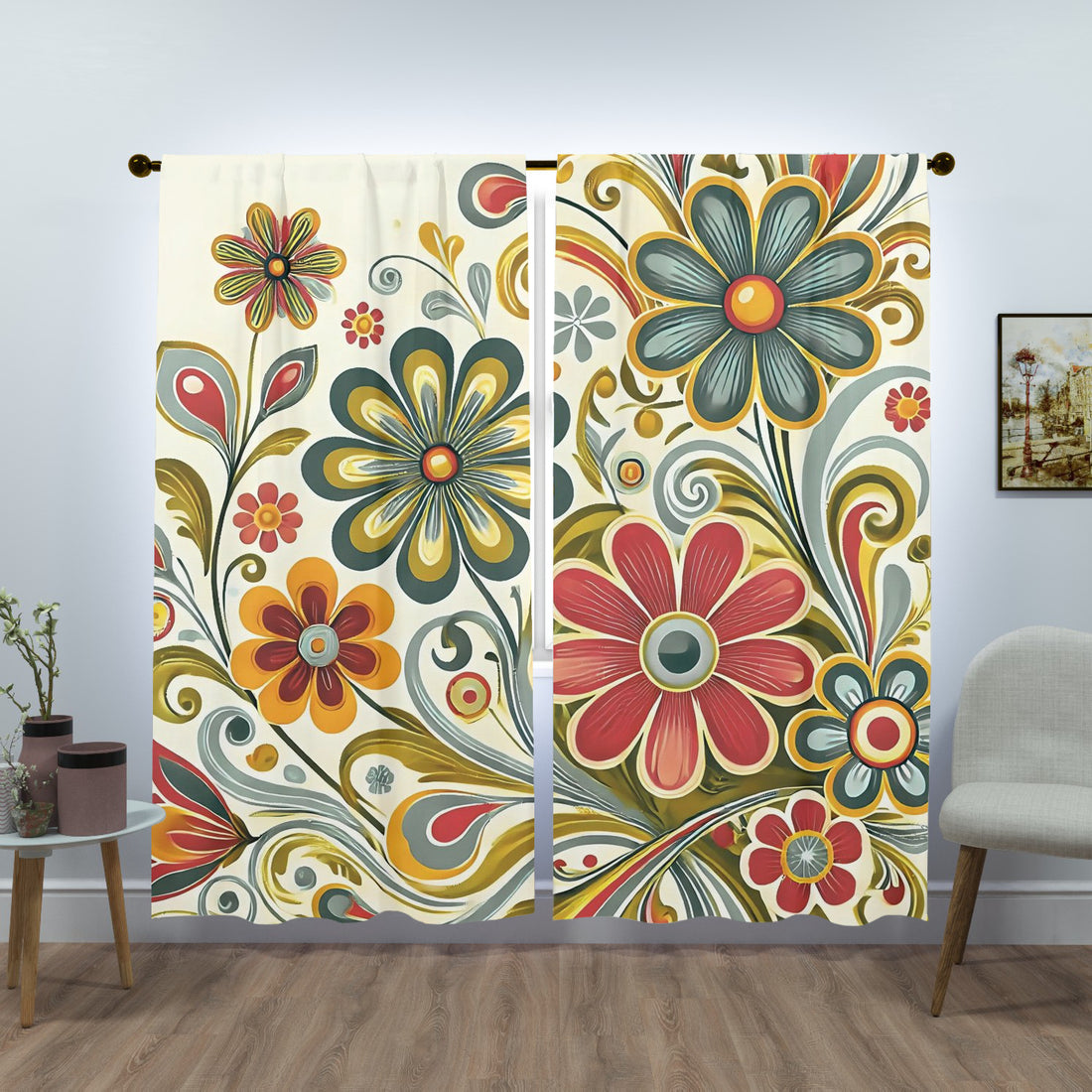 Retro Floral Mid Mod Colorful Funky Fun Window Curtains (two panels) - Mid Century Modern Gal