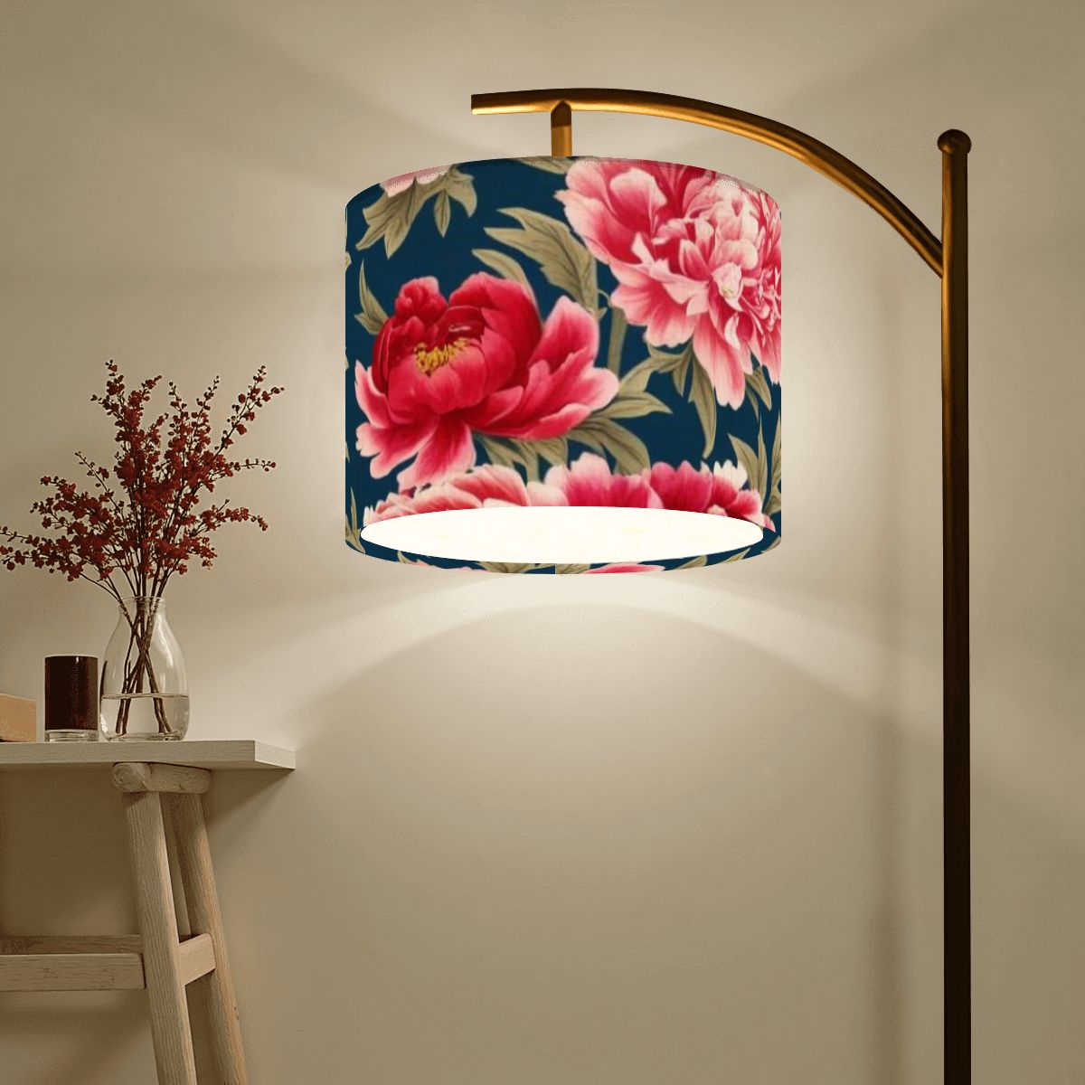 Chinoiserie Royal Blue Pink, Red Roses And Peony Floral Modern Arc Floor Lamp - Mid Century Modern Gal