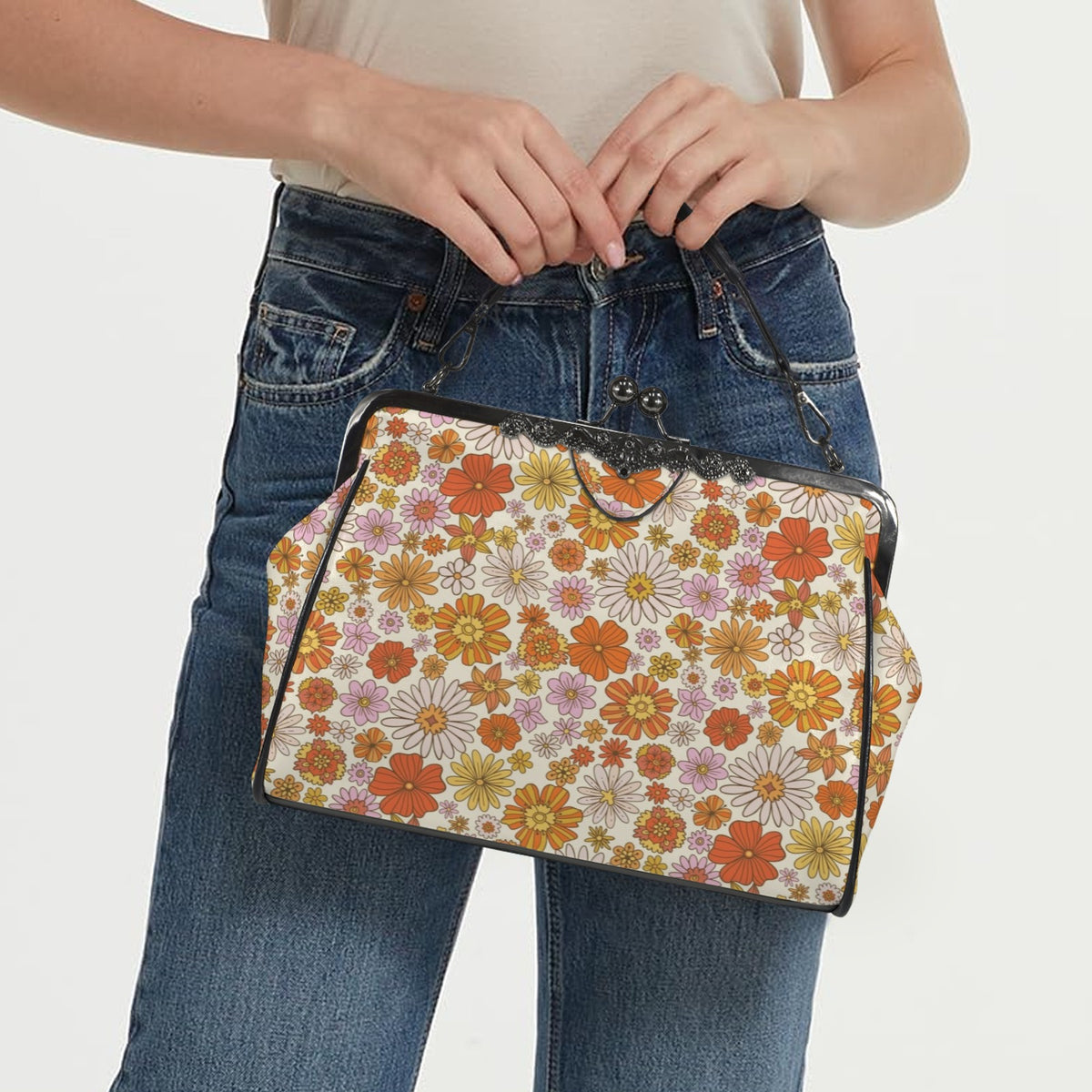 Groovy 60s Flower Power Orange Pink Yellow Floral Mid Century Modern Kisslock Crossbody Purse - Mid Century Modern Gal