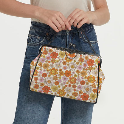 Groovy 60s Flower Power Orange Pink Yellow Floral Mid Century Modern Kisslock Crossbody Purse - Mid Century Modern Gal