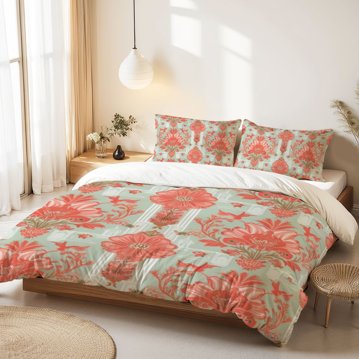 Floral Chinoiserie Elegant Modern Coral, Light Green Queen Duvet Cover Set - Mid Century Modern Gal