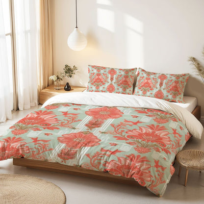 Floral Chinoiserie Elegant Modern Coral, Light Green Queen Duvet Cover Set - Mid Century Modern Gal