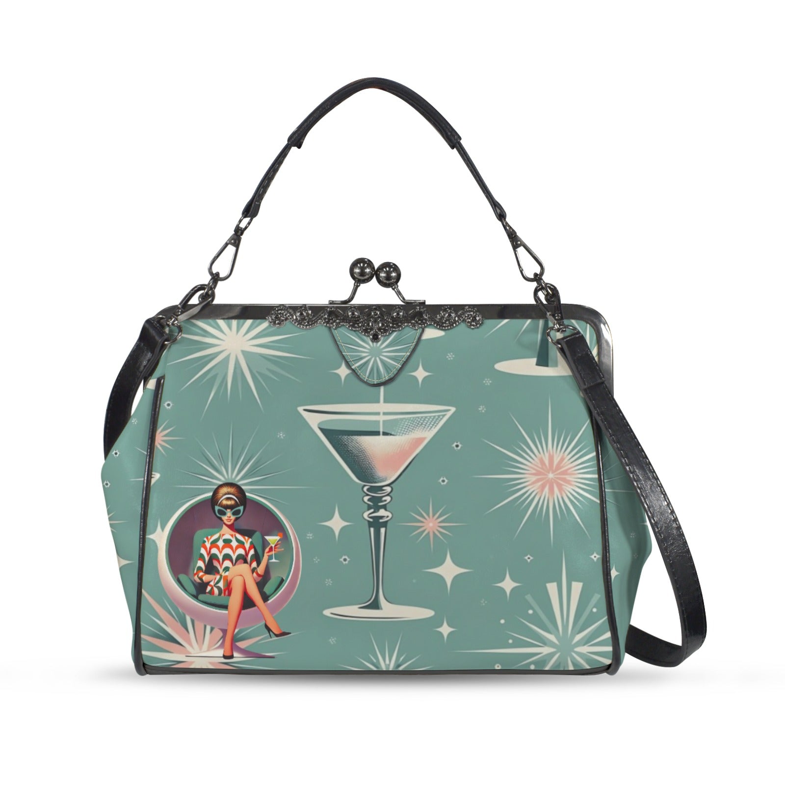 Mid Century Modern Gal, Mod 50s Atomic Martini Retro Kitschy Kisslock Crossbody Purse - Mid Century Modern Gal