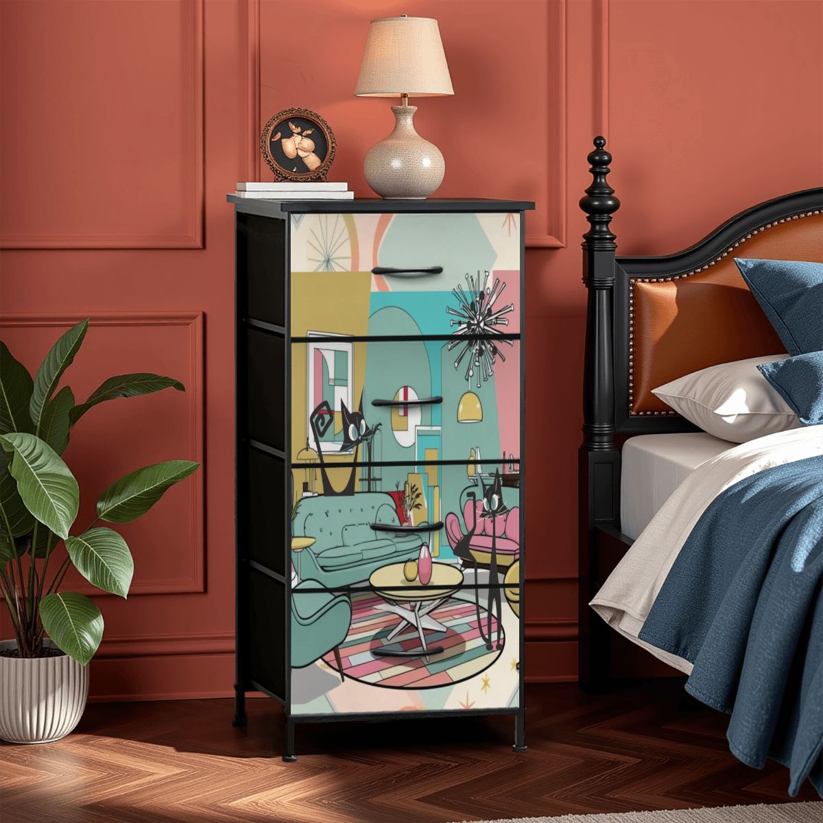 Atomic Cat, Mid Century Modern Lounging Retro Cats, MCM 4-Drawer Dresser - Mid Century Modern Gal