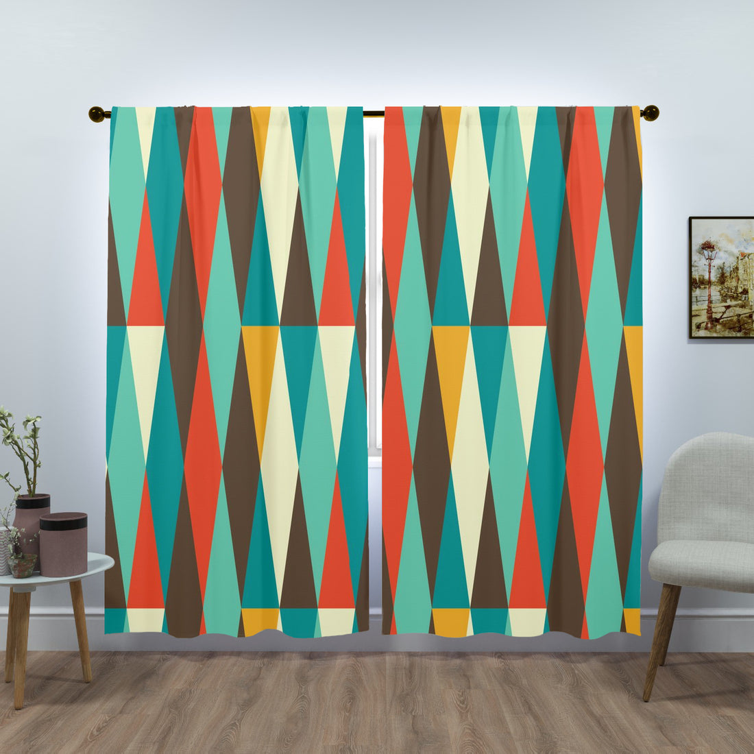 Mid Century Modern Window Curtains Aqua, Mustard Yellow, Brown, Burnt Orange  (two panels)