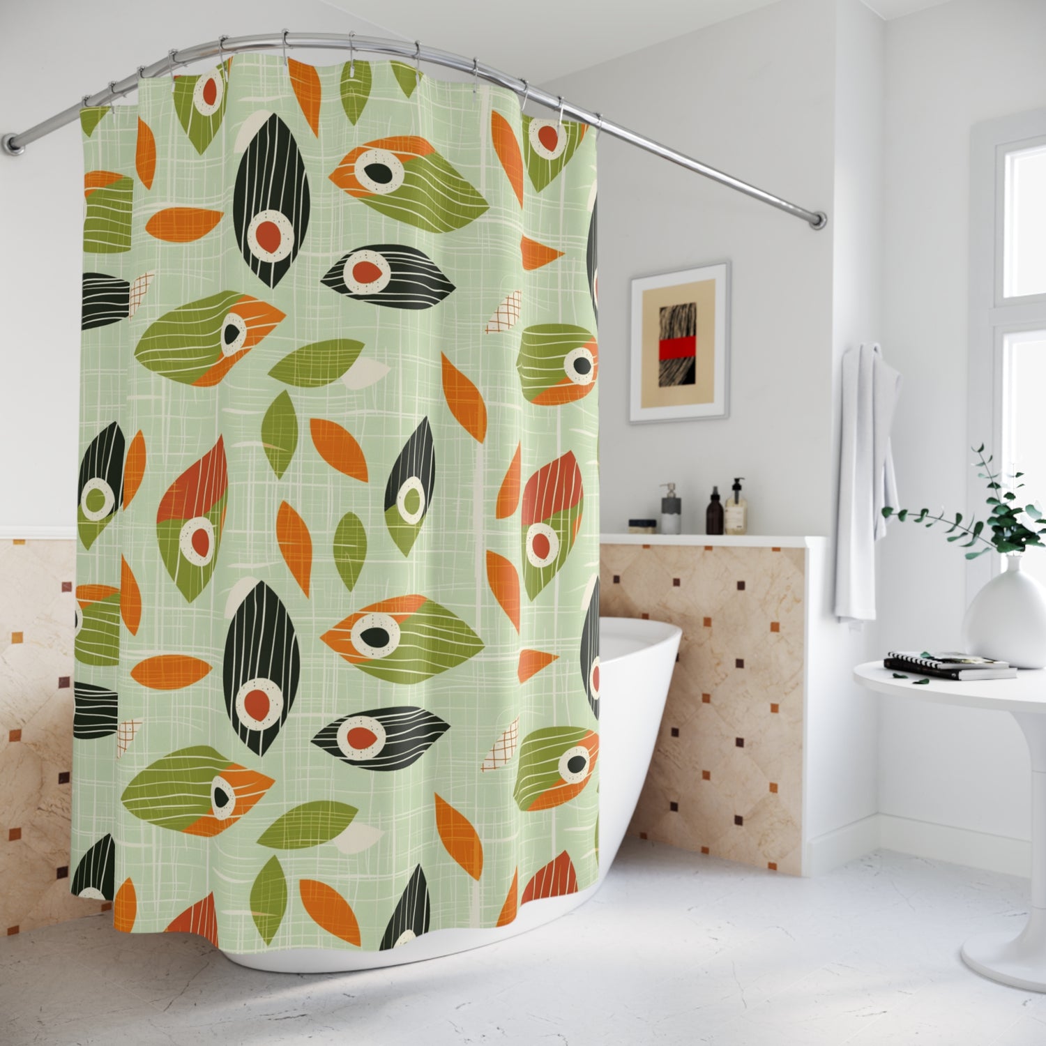 Scandinavian Green Floral Mid Mod Retro Shower Curtain