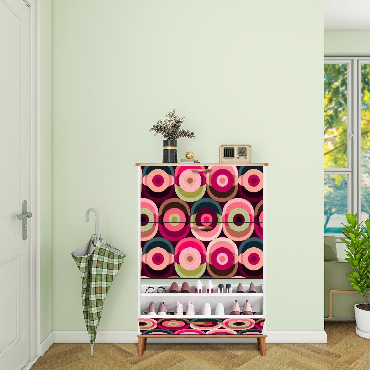 Mid Century Modern Groovy Mod Orbs, Pink, Green Blue Retro Shoe Storage Cabinet - Mid Century Modern Gal