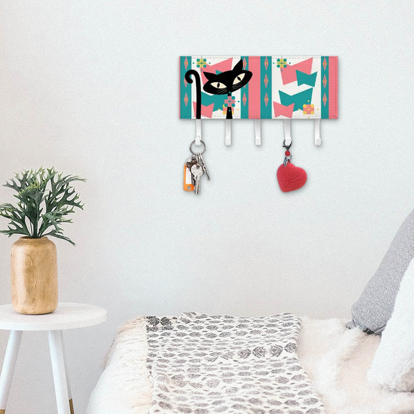 Atomic Cat Retro Key Holder, Mod Pink, Aqua Starburst Geometric Kitschy Key Holder Wall Mount