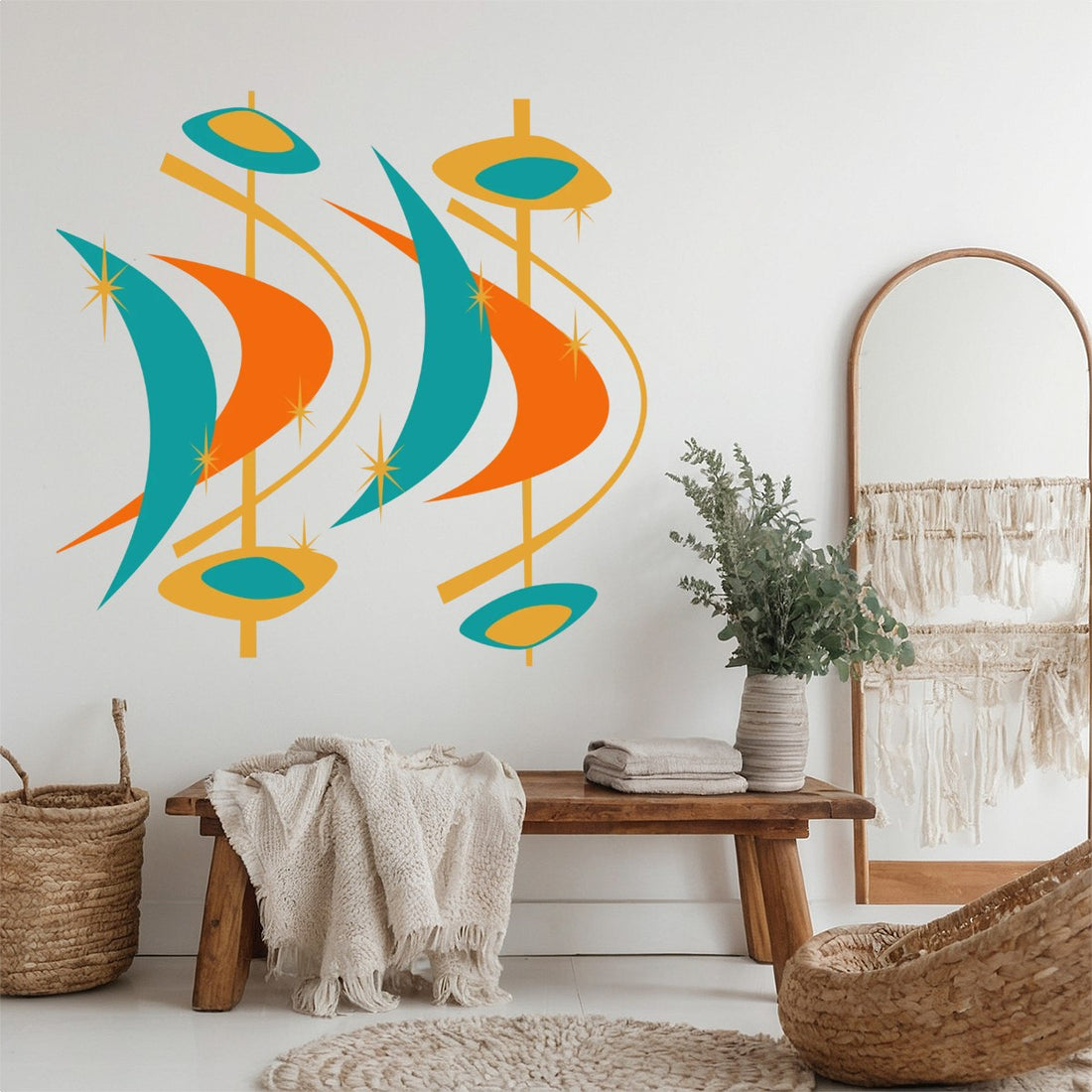 Mid Century Modern Atomic Orange, Teal Mustard Yellow Peel And Stick Vinyl Stickers - Mid Century Modern Gal